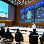 **

A bustling international conference hall filled with experts in nuclear energy from around the globe. People are engaged in animated discussions, exchanging ideas and insights. In the background, large screens display futuristic reactor designs and graphs showcasing advancements in safety and efficiency. The atmosphere is vibrant and optimistic, reflecting the shared passion for developing a safer and more sustainable nuclear energy future. Consider including subtle Arabic design elements in the architecture.

**