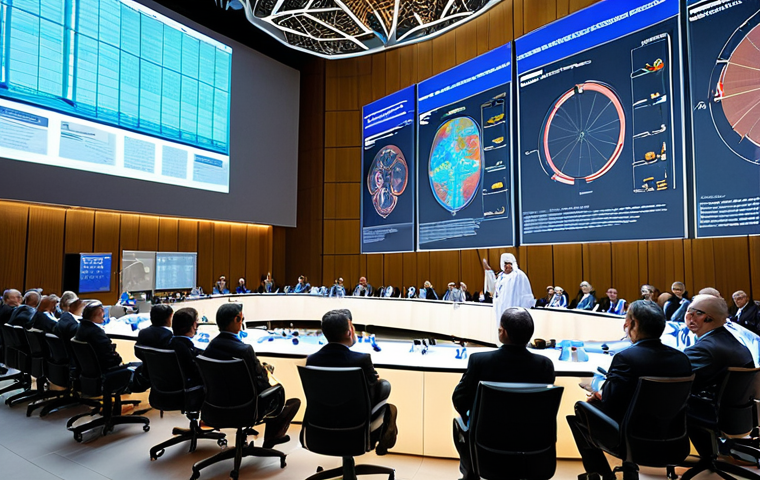 **
A bustling international conference hall filled with experts in nuclear energy from around the globe. People are engaged in animated discussions, exchanging ideas and insights. In the background, large screens display futuristic reactor designs and graphs showcasing advancements in safety and efficiency. The atmosphere is vibrant and optimistic, reflecting the shared passion for developing a safer and more sustainable nuclear energy future. Consider including subtle Arabic design elements in the architecture.
**
