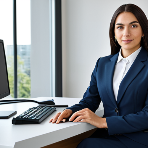 Home 20 **
A modern office setting with a professional businesswoman wearing a modest business suit, seated at her desk. The scene should convey competence and professionalism. Ensure perfect anatomy, correct proportions, and a natural pose. This is safe for work, fully clothed, appropriate attire, and family-friendly.
**