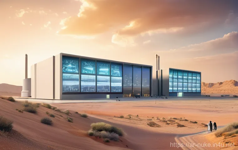 원자력 기술 직무 면접 준비법 - **Prompt:** A dynamic, wide shot of a futuristic, environmentally friendly nuclear power complex sit...