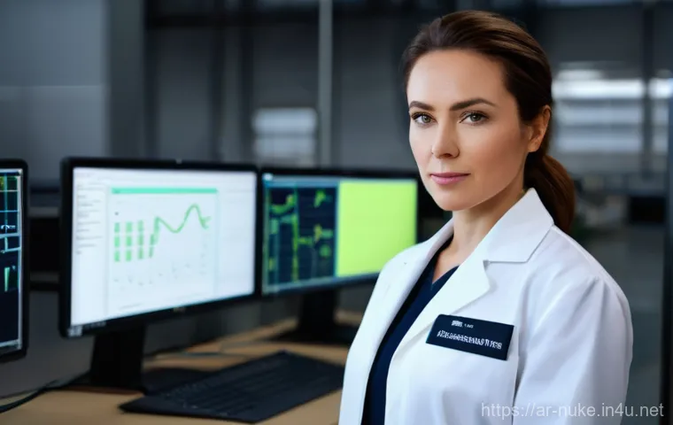 원자력 엔지니어의 워라밸 유지법 - **A highly detailed, realistic illustration of a female nuclear engineer in her late 30s, with a war...