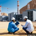원자력 발전소 프로젝트 관리 - A detailed digital illustration of a modern nuclear power plant construction site in a Middle Easter...