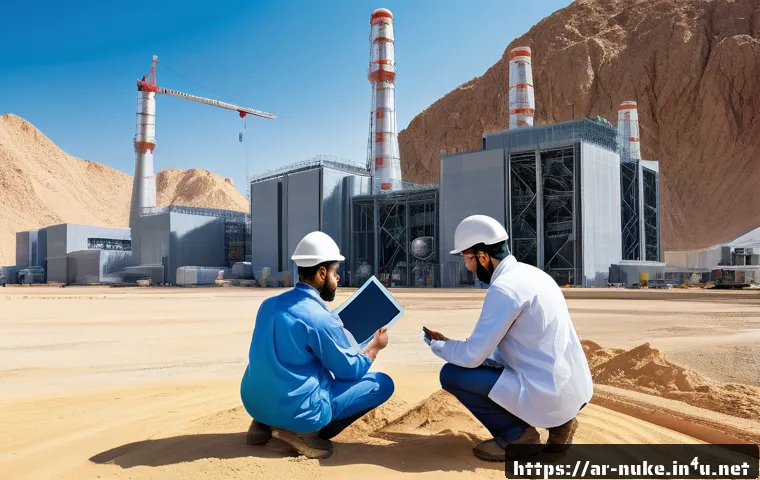 원자력 발전소 프로젝트 관리 - A detailed digital illustration of a modern nuclear power plant construction site in a Middle Easter...