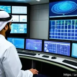 원자력 기술 관련 취업 준비 과정 - A detailed illustration of a modern nuclear power plant control room in the Middle East, featuring e...