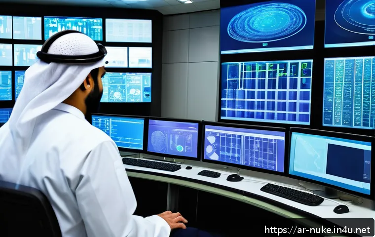 원자력 기술 관련 취업 준비 과정 - A detailed illustration of a modern nuclear power plant control room in the Middle East, featuring e...