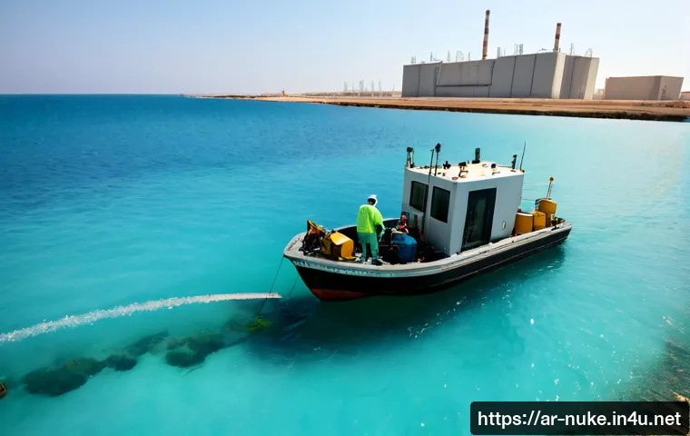 원자력 발전과 해양 생태계 연구 - Photorealistic coastal nuclear power station beside a calm Gulf shoreline, two Arab marine scientist...