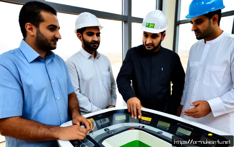 원자력 엔지니어들의 커뮤니티 활동 - Photorealistic community workshop of Arab nuclear engineers, diverse men and women in modest profess...