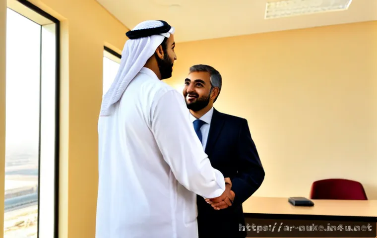 원자력 엔지니어 이직 성공 사례 - Photorealistic Arab nuclear engineer in modest professional attire, confidently shaking hands with a...